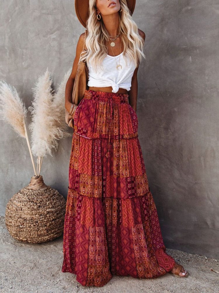 Women's Maxi Skirt Red Floral Print Polyester-4