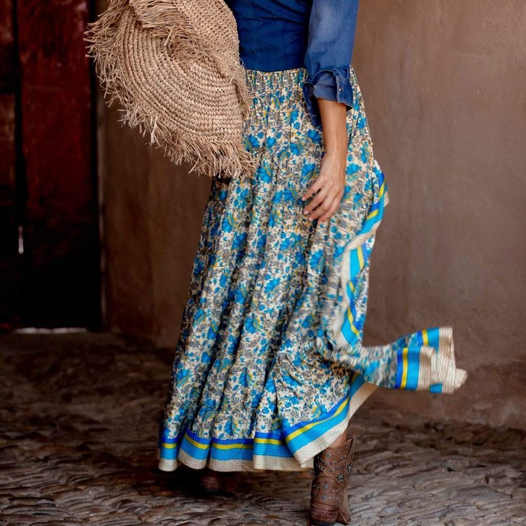 Women's Maxi Skirt Blue Floral Cotton Polyester-4