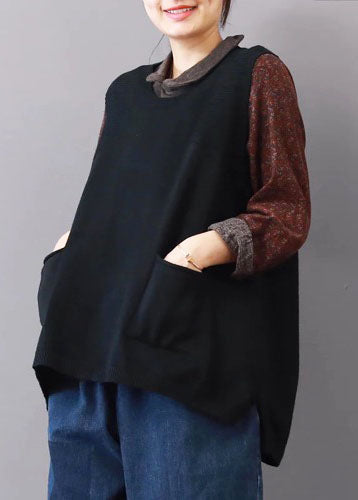 Women's Sleeveless Sweater Black Plus Size Cotton - 1