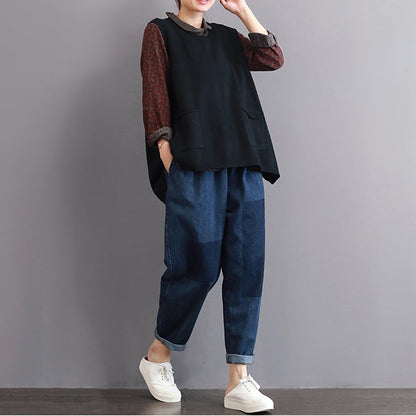 Women's Sleeveless Sweater Black Plus Size Cotton - 2