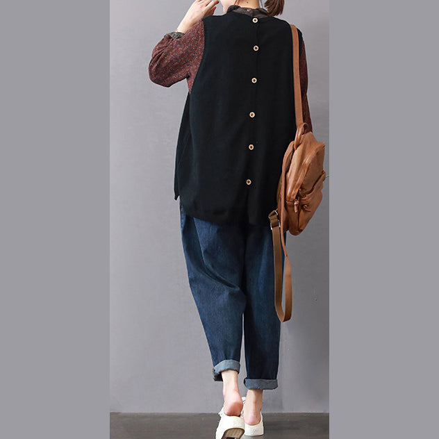 Women's Sleeveless Sweater Black Plus Size Cotton - 3