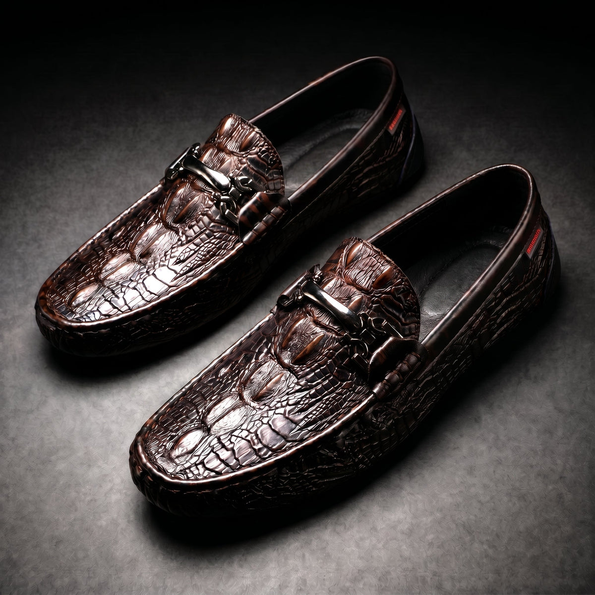Men's Croc-Effect Bit Loafers in Brown – three-quarter pair | Hensley London