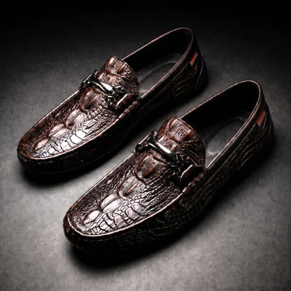Men's Croc-Effect Bit Loafers in Brown – three-quarter pair | Hensley London