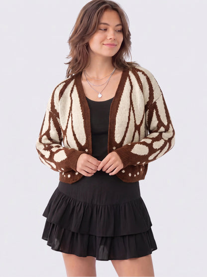 Women's Butterfly Knit Cardigan in Brown – front view on model | Hensley London