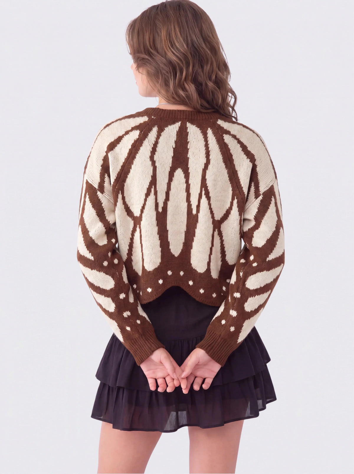 Women's Butterfly Knit Cardigan in Brown – back view on model | Hensley London