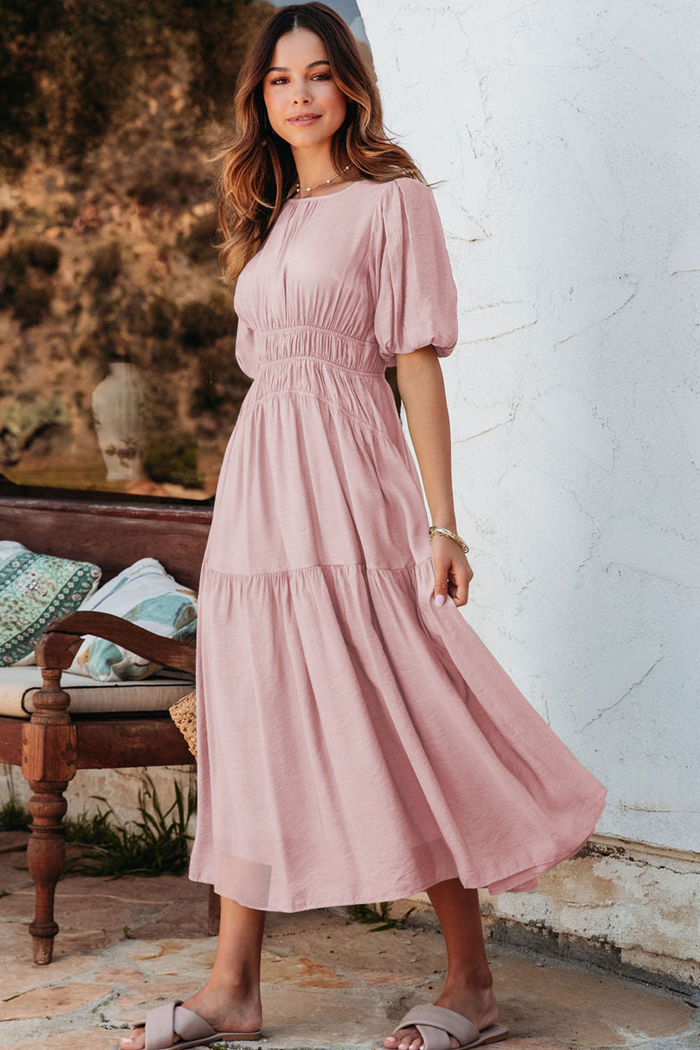 Pink Puff Sleeve Pleated High Waist Flowy Long Dress