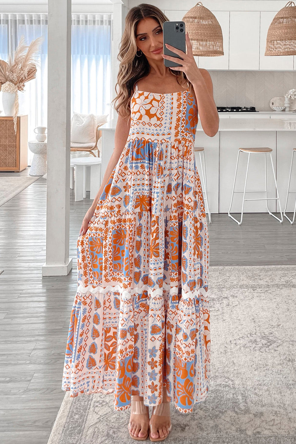 Orange Multi Printed Ricrac Trim Spaghetti Straps Maxi Dress