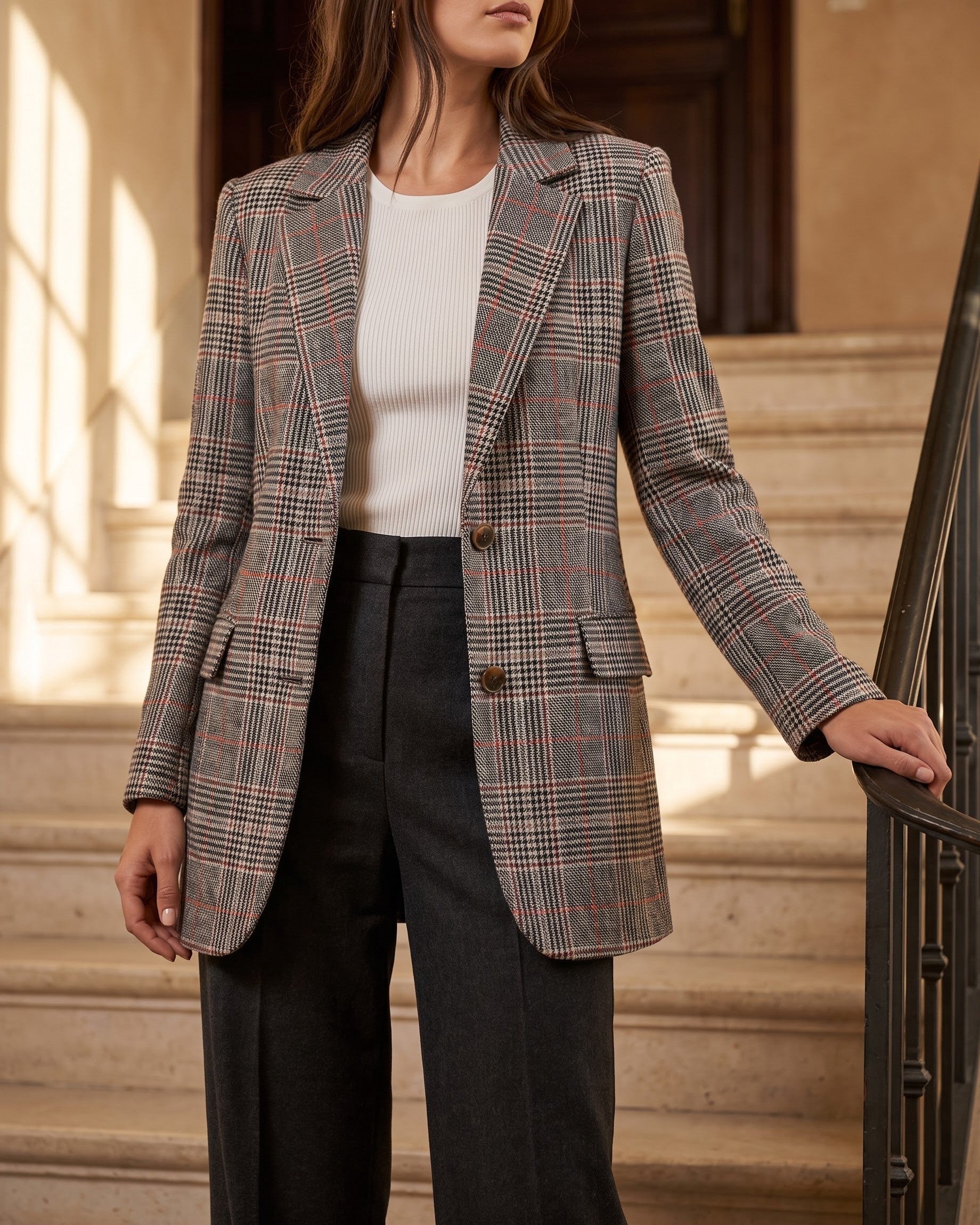 Women's Glen-Plaid Notched-Lapel Blazer in Brown Red Plaid – additional view | Hensley London