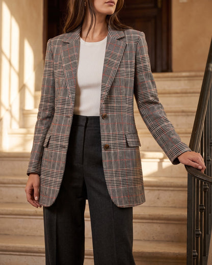 Women's Glen-Plaid Notched-Lapel Blazer in Brown Red Plaid – additional view | Hensley London