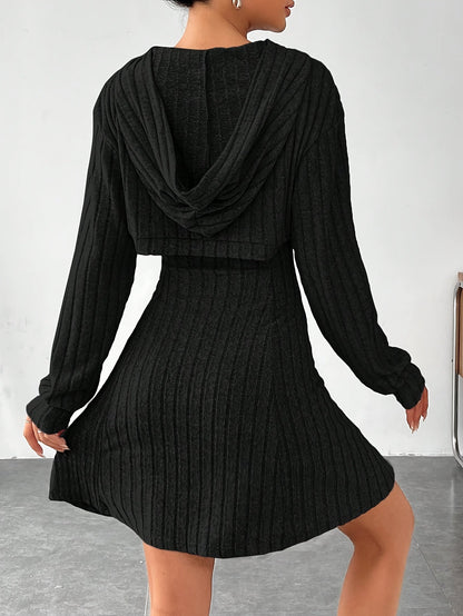 Women's Sweater Dress Black Ribbed Knit A-Line 4