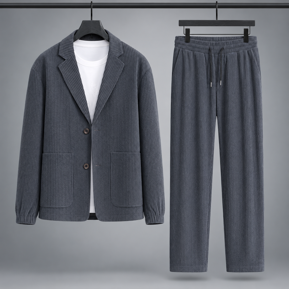 Men's Corduroy Blazer and Drawstring Trouser Set in Grey – front view of set | Hensley London