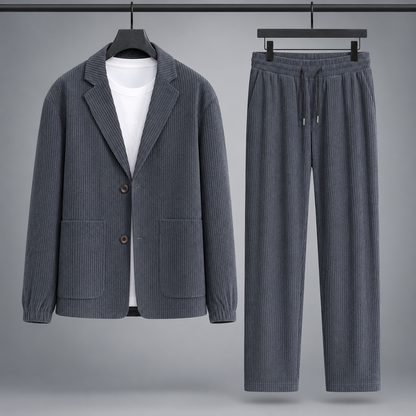 Men's Corduroy Blazer and Drawstring Trouser Set in Grey – front view of set | Hensley London