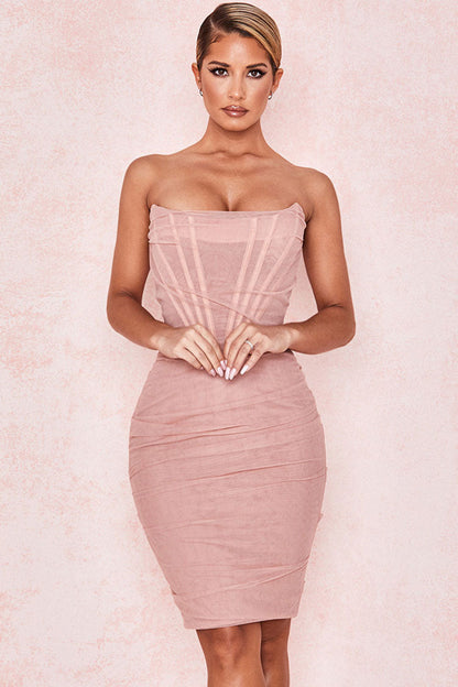 Women's Mini Dress Pink Mesh Strapless Cocktail Dress-1