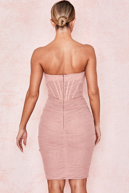 Women's Mini Dress Pink Mesh Strapless Cocktail Dress-4
