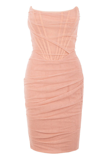 Women's Mini Dress Pink Mesh Strapless Cocktail Dress-5