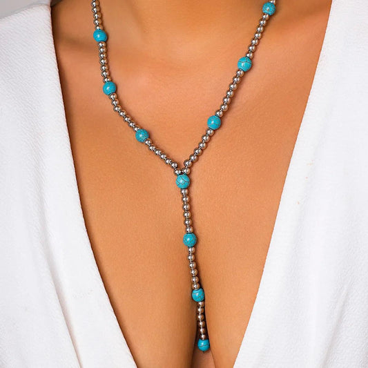 Chinoiserie Retro Turquoise Necklace for Women – Round Inlay Design, Lightweight Daily Wear Jewelry