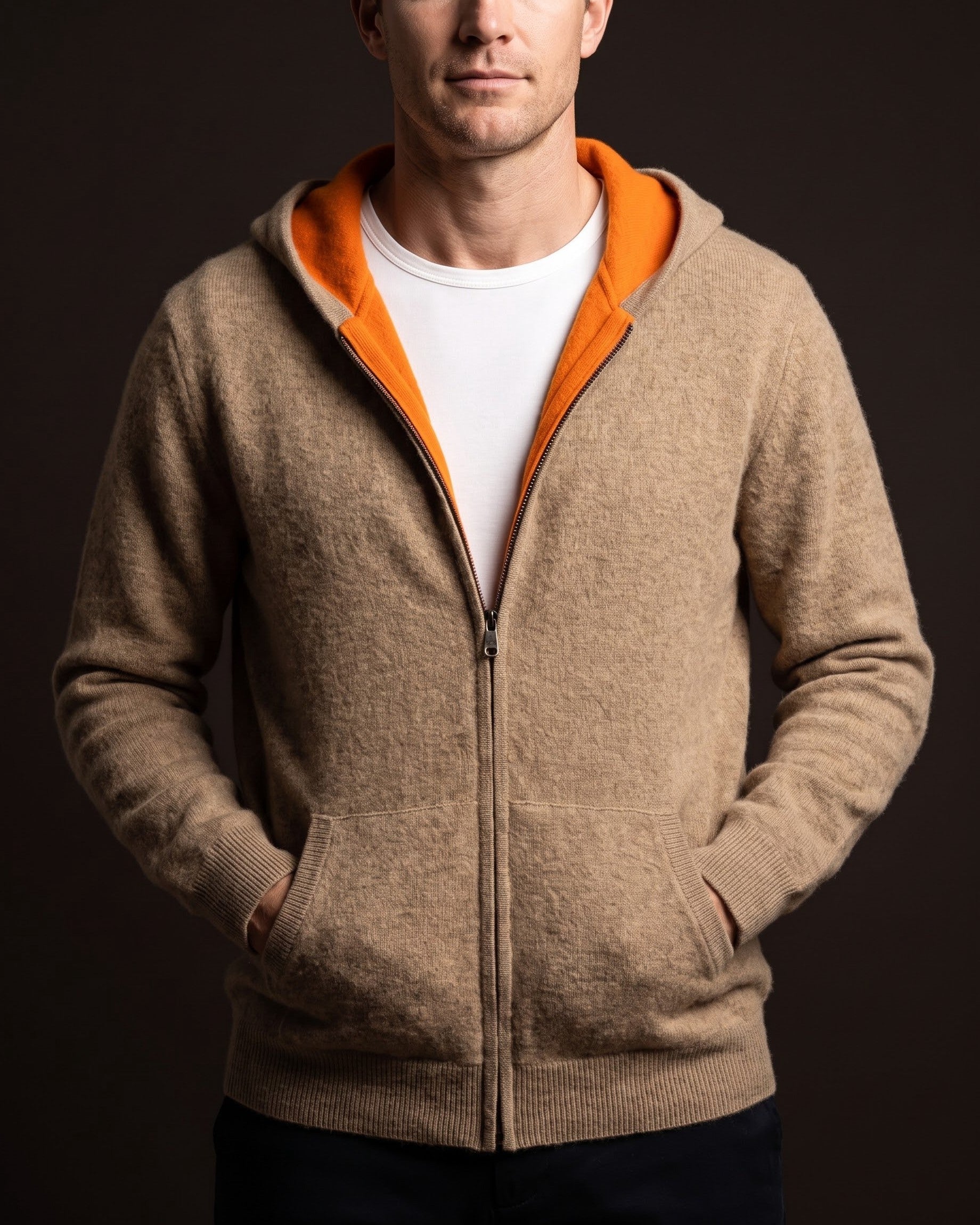 Men's Zip-Front Knit Hoodie with Ribbed Trim in Camel – additional view | Hensley London