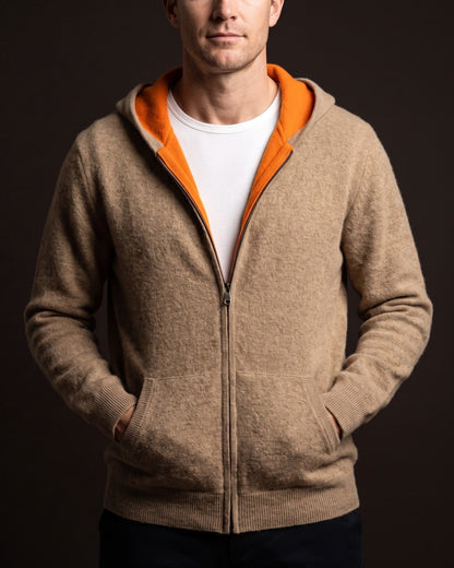 Men's Zip-Front Knit Hoodie with Ribbed Trim in Camel – additional view | Hensley London