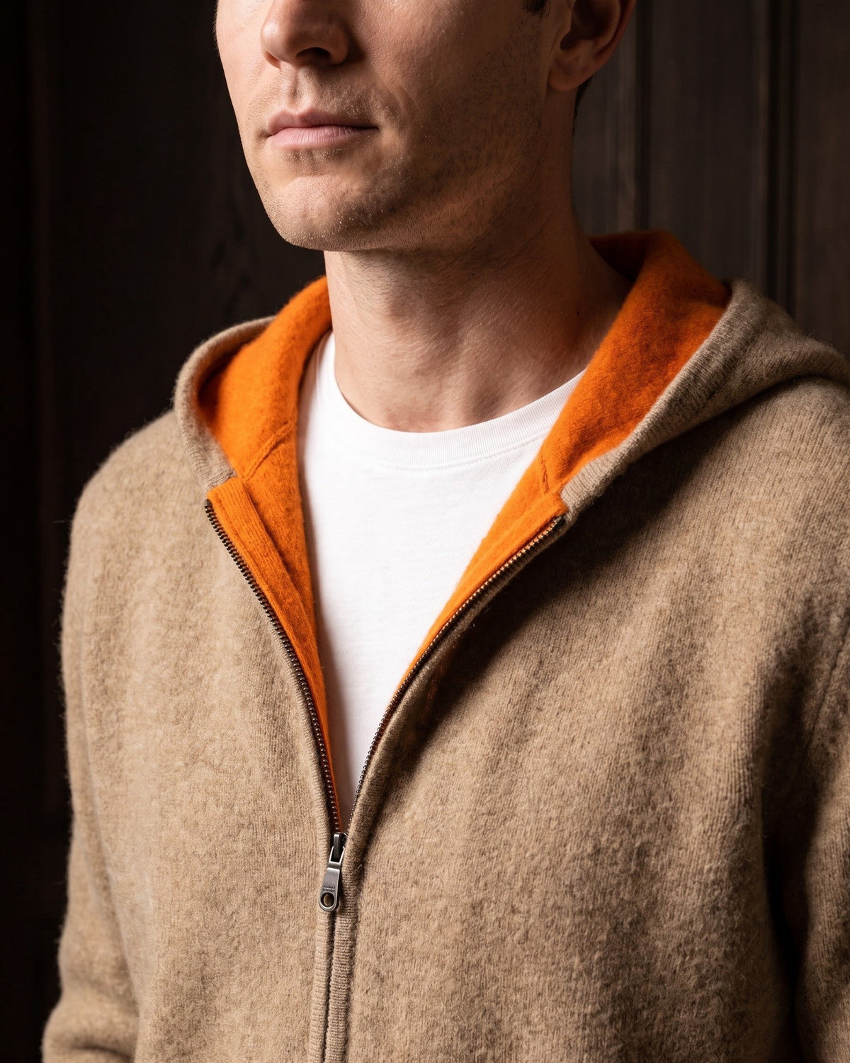 Men's Zip-Front Knit Hoodie with Ribbed Trim in Camel – additional view | Hensley London
