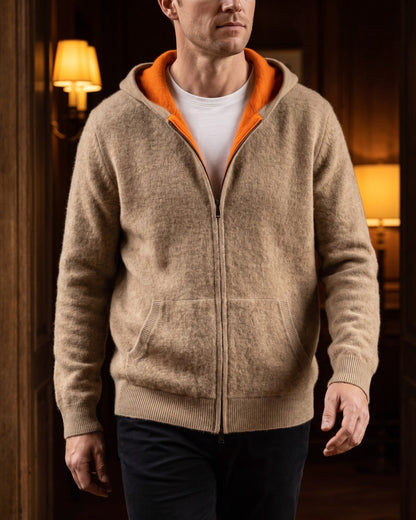 Men's Zip-Front Knit Hoodie with Ribbed Trim in Camel – additional view | Hensley London
