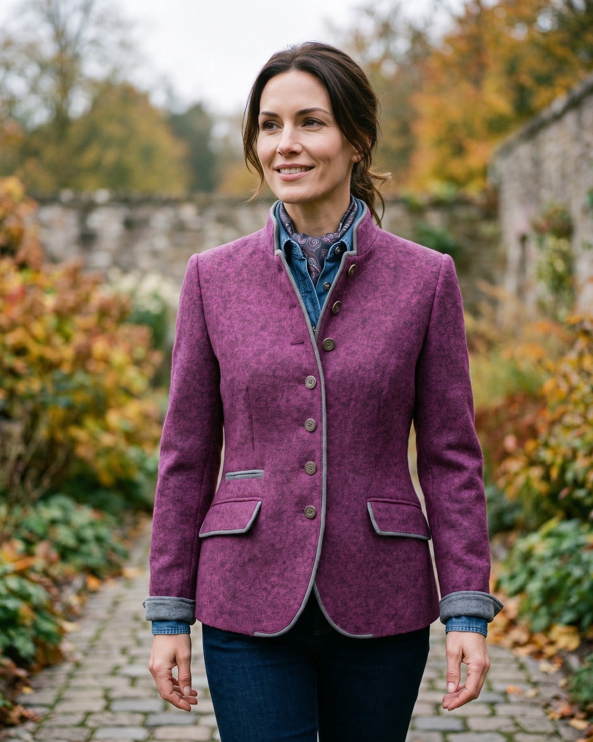 Women's Contrast-Trim Stand-Collar Fitted Jacket in Purple – additional view | Hensley London