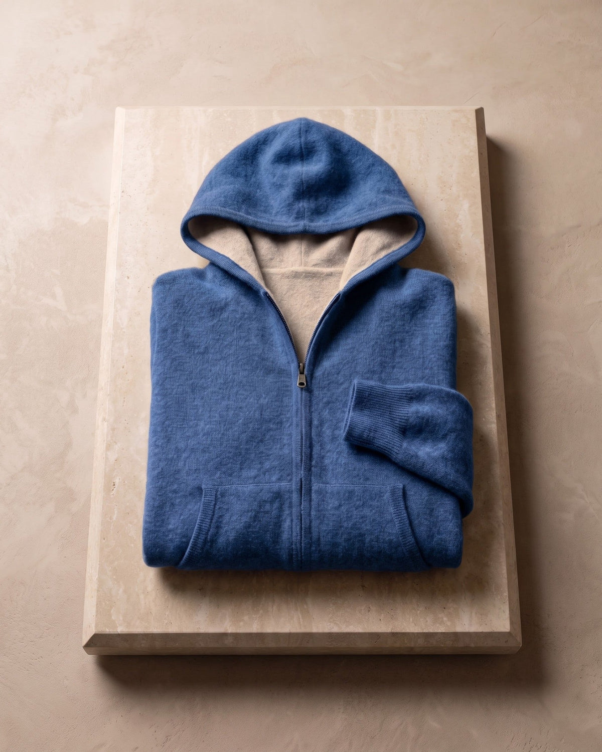 Men's Zip-Front Knit Hoodie with Ribbed Trim in Blue – additional view | Hensley London