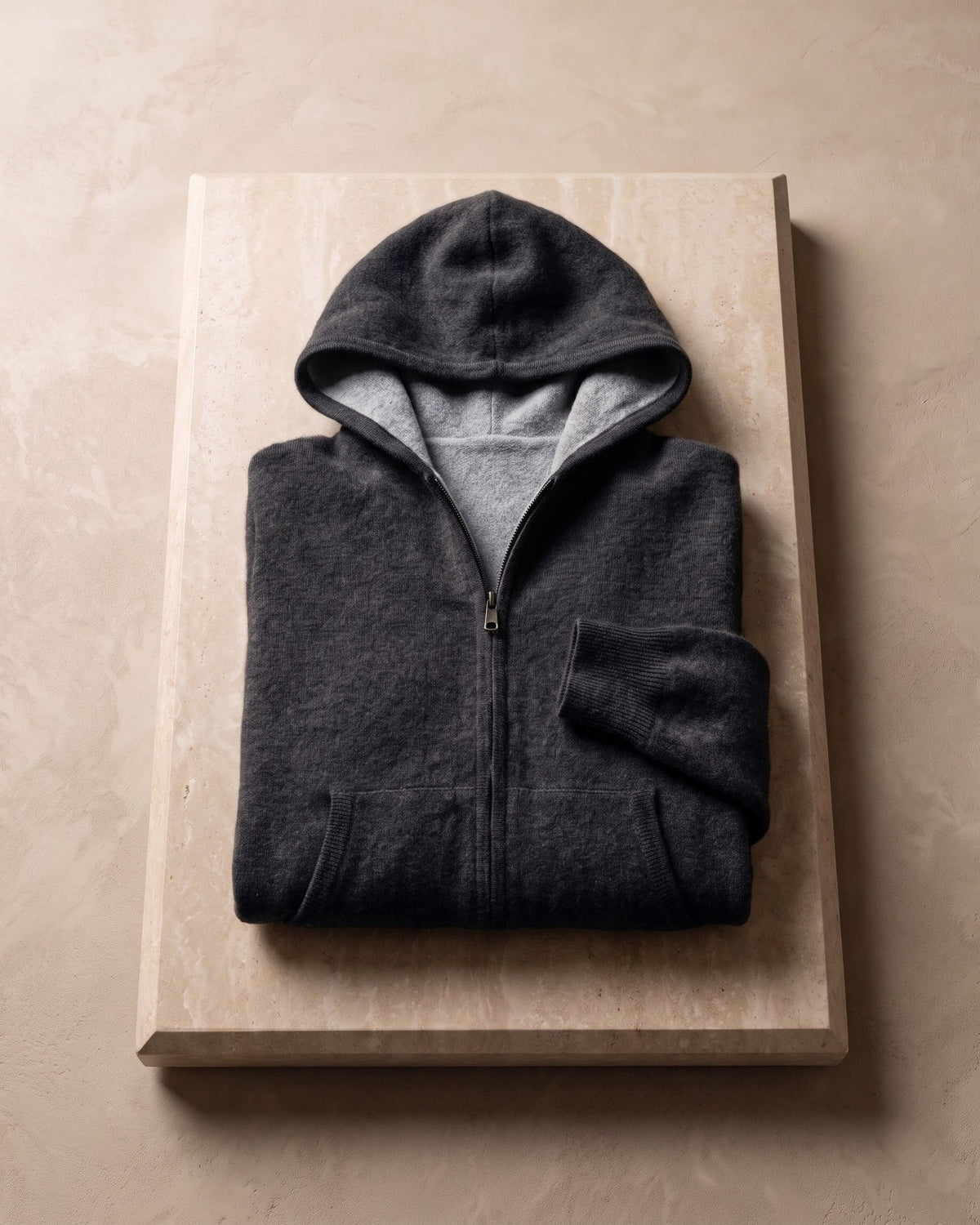 Men's Zip-Front Knit Hoodie with Ribbed Trim in Dark Gray – additional view | Hensley London