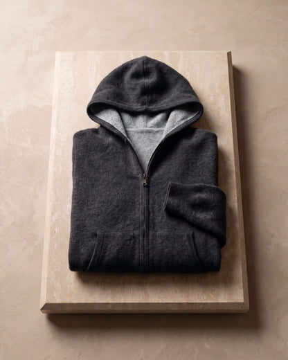 Men's Zip-Front Knit Hoodie with Ribbed Trim in Dark Gray – additional view | Hensley London