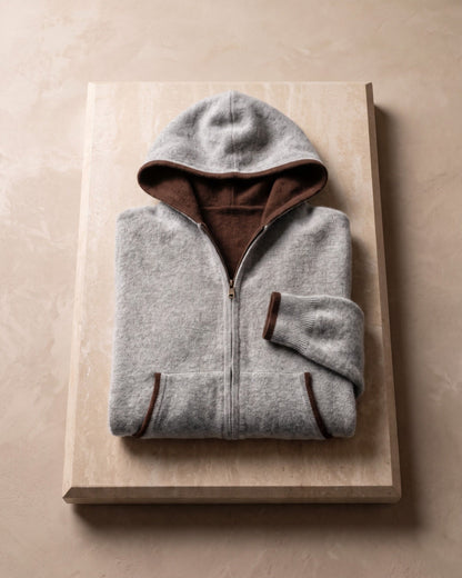 Men's Zip-Front Knit Hoodie with Ribbed Trim in Light Gray – additional view | Hensley London