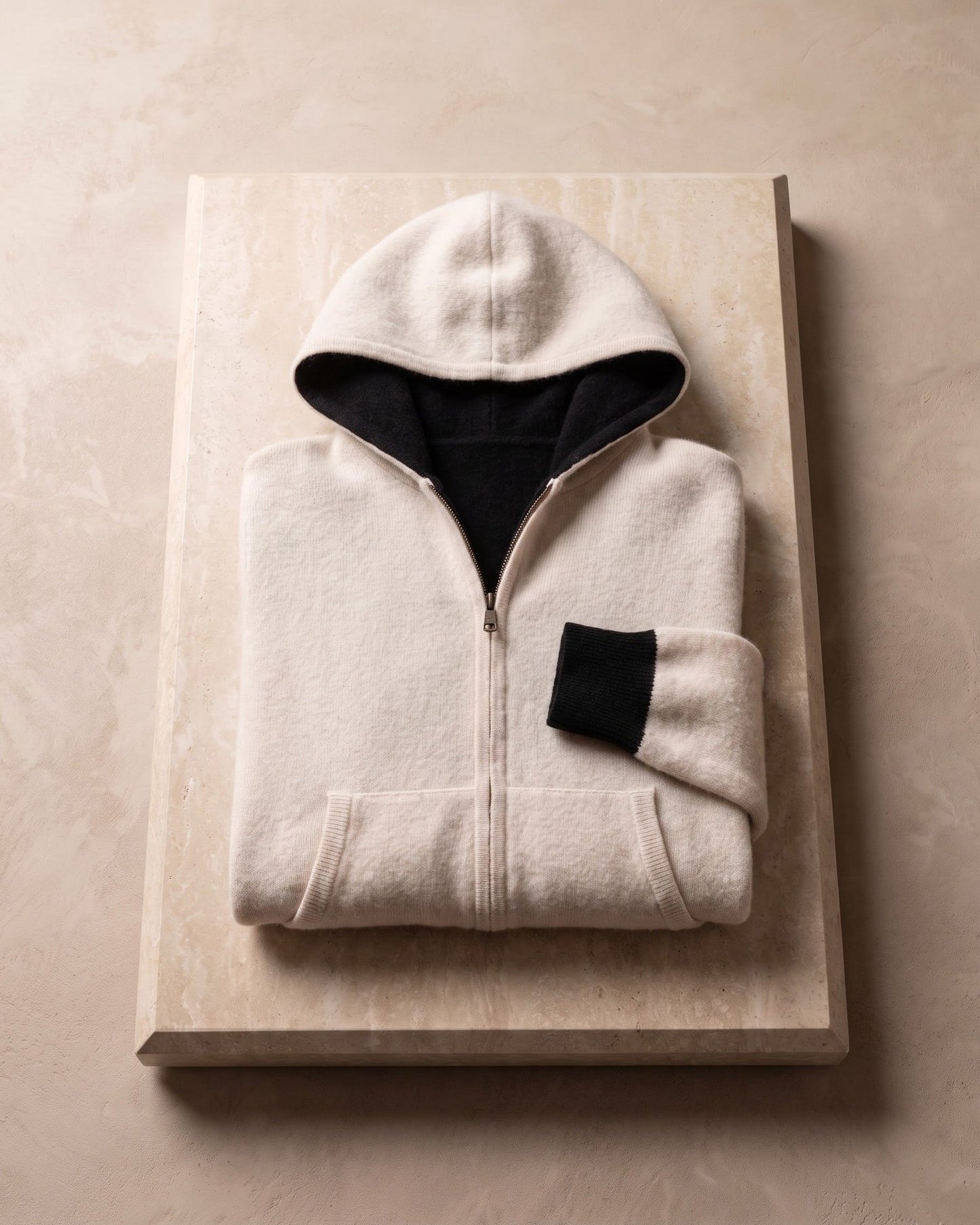 Men's Zip-Front Knit Hoodie with Ribbed Trim in White – additional view | Hensley London