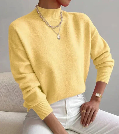 Women's Mock-Neck Relaxed Long-Sleeve Sweater in Yellow – additional view | Hensley London