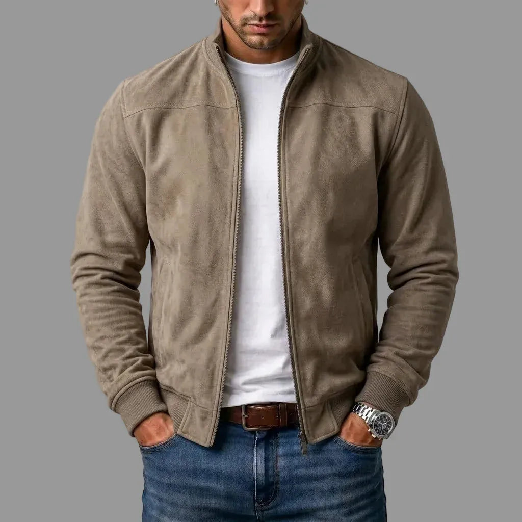 Men's Stand Collar Zip-Up Bomber Jacket in Khaki – front view on model | Hensley London