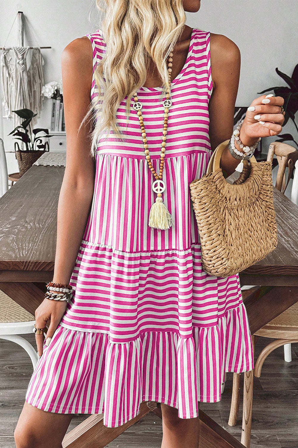 Women's Striped U Neck Sleeveless Mini Dress - View 7 | Hensley London