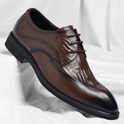 Men's Embossed Wingtip Lace-Up Dress Shoes in Brown – three-quarter product view | Hensley London