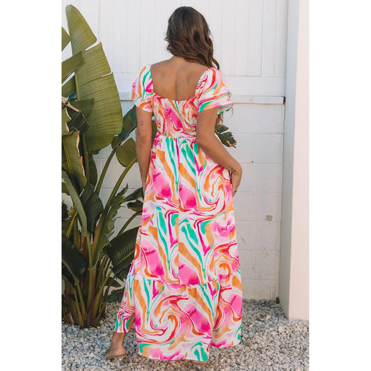 Pink Abstract Print Ruffled Sleeve Smocked Bust Maxi Dress