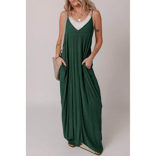 Duffel Green Spaghetti Straps Pocketed Slouchy Maxi Dress