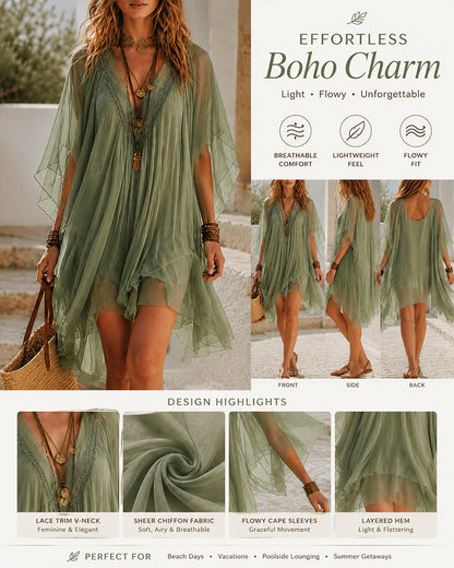 Women's Chiffon Slip Dress & Loose Cover-Up Set in Green – Design detail collage | Hensley London