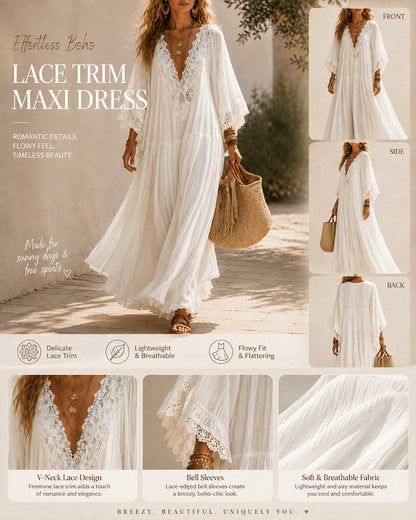 Women's Lace Trim Chiffon Maxi Dress in White – Design detail collage | Hensley London