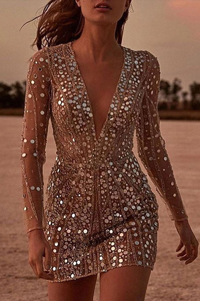 Women's Mini Dress Gold Mesh Long Sleeve Plunging Neckline-3