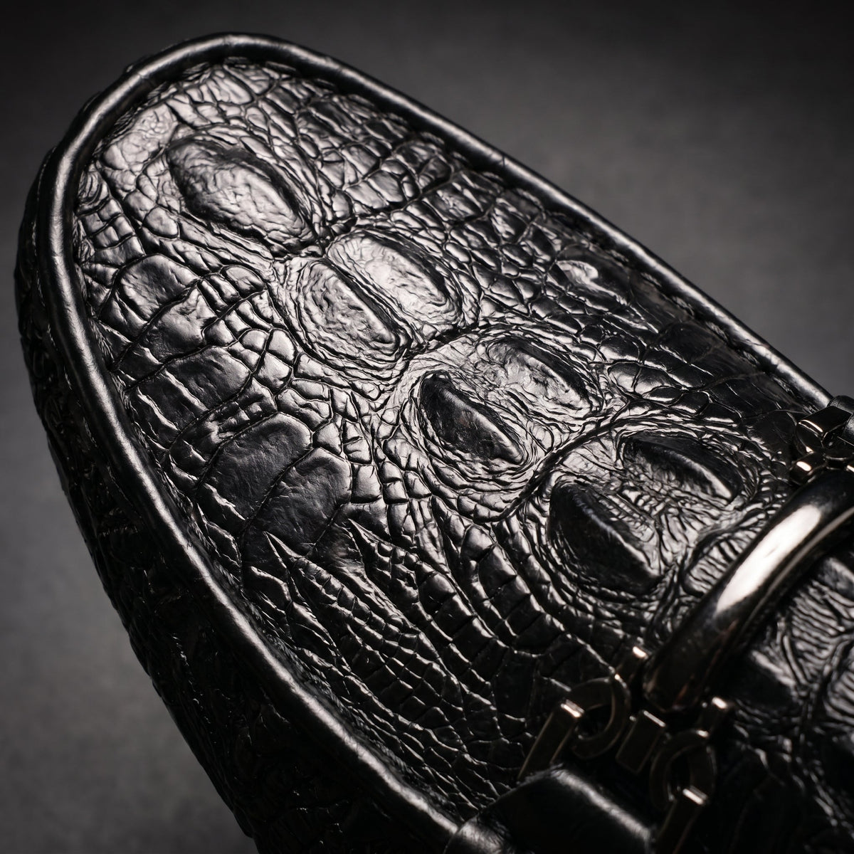 Men's Croc-Effect Bit Loafers in Black – toe texture close-up | Hensley London