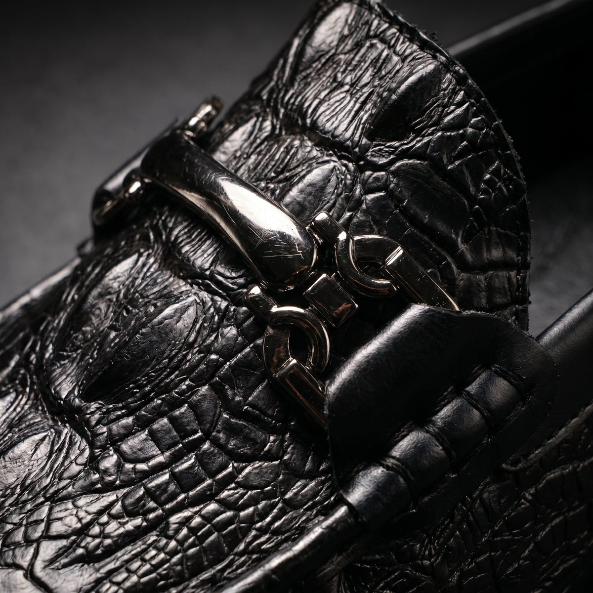 Men's Croc-Effect Bit Loafers in Black – metal bit close-up | Hensley London