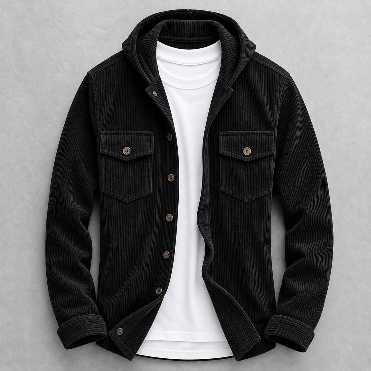 Men's Hooded Corduroy Jacket in Black – front view | Hensley London