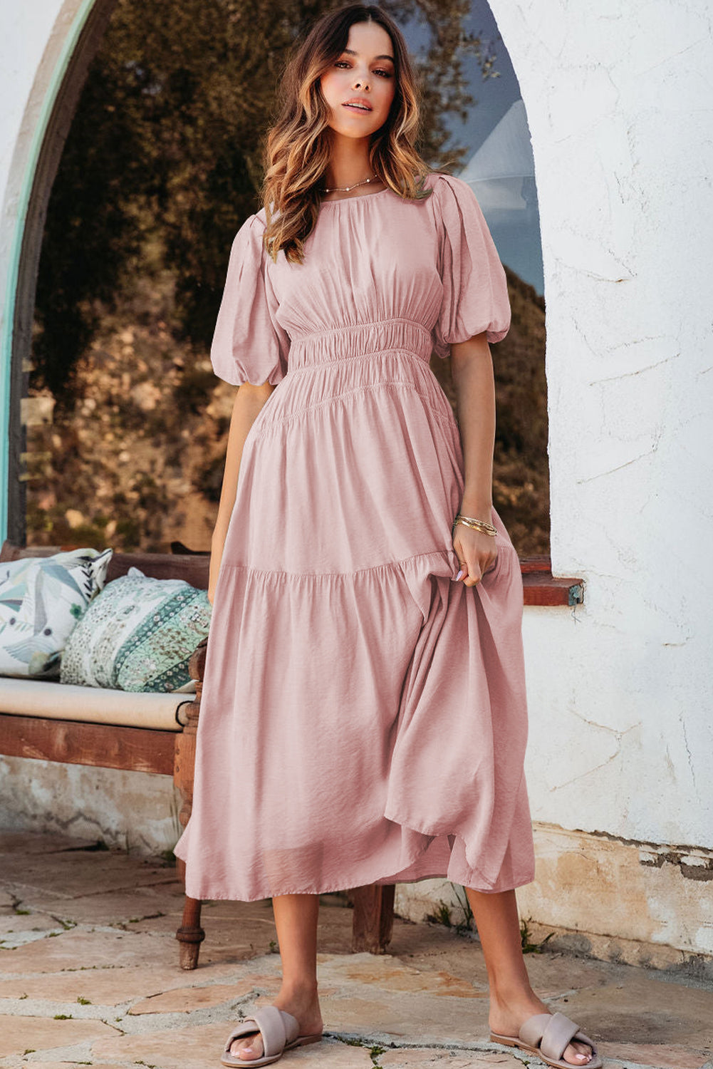 Pink Puff Sleeve Pleated High Waist Flowy Long Dress