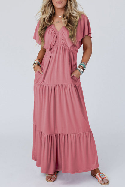 Rose Pink Textured V Neck Flutter Sleeve Ruffled Maxi Dress