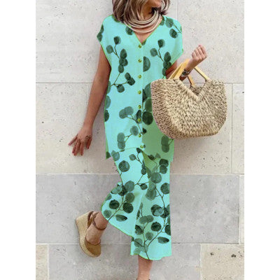 Women's Long Dress Green Rayon Blend Botanical Print-6