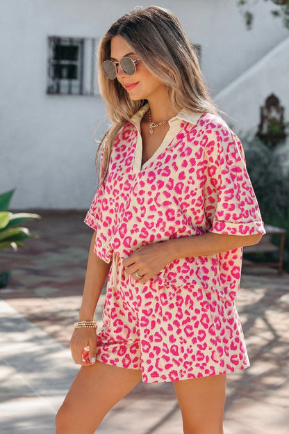 Women's V Neck Leopard Print Short Set - View 3 | Hensley London