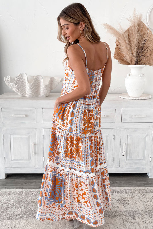 Orange Multi Printed Ricrac Trim Spaghetti Straps Maxi Dress