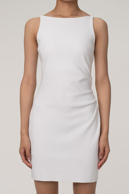 Women's Mini Dress White Cotton Blend Sleeveless Boat Neck-1
