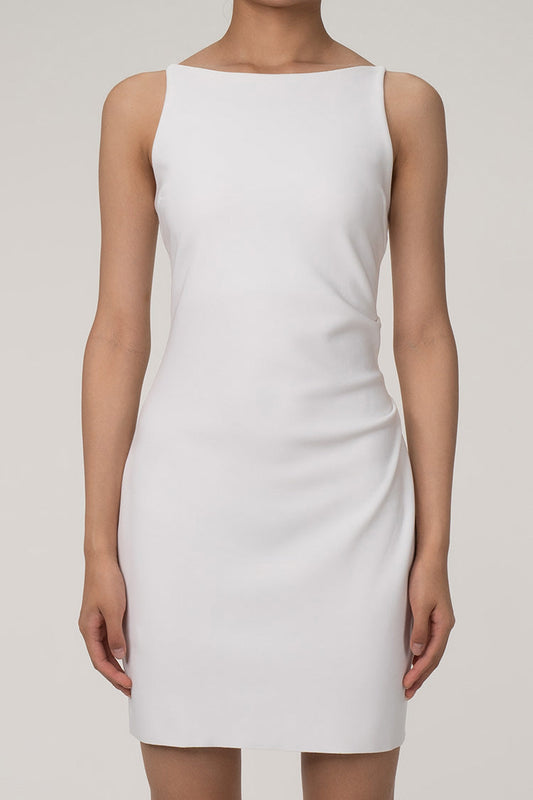 Women's Mini Dress White Cotton Blend Sleeveless Boat Neck-1
