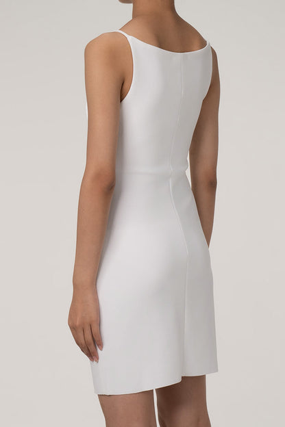 Women's Mini Dress White Cotton Blend Sleeveless Boat Neck-3